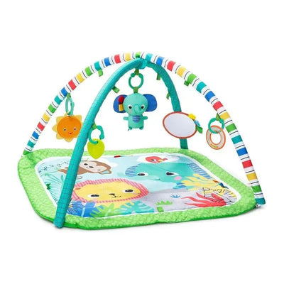 Bright Starts Wild Wiggles Activity Gym featuring colorful overhead toys, animal-themed playmat, and a foldable design for infants.