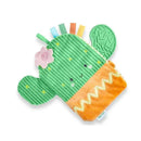 Soft teething activity book shaped like a cactus, featuring colorful tags, a flower, and textured elements for sensory play.