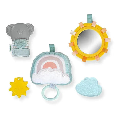 Gift set featuring a gray elephant teether, colorful rainbow toy, sun, mirror, and cloud, designed for soothing and engaging infants.
