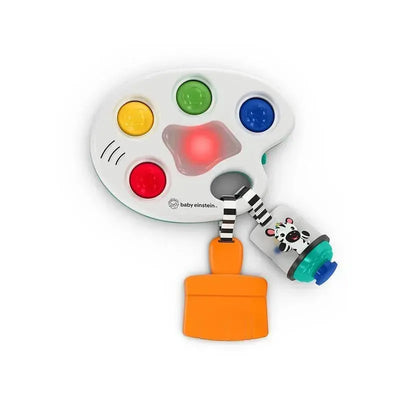 Sensory toy featuring a palette shape with colorful buttons (red, yellow, green, blue) and a cow-themed attachment.