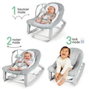 3-in-1 baby bouncer with modes: bouncer, rocker, and lock, featuring a neutral gray design and playful mobile.