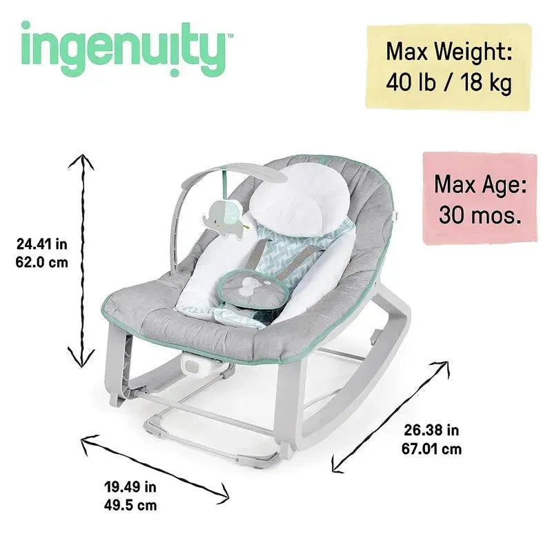3-in-1 Ingenuity vibrating baby bouncer in gray with an elephant toy, measuring 24.41 in height, 19.49 in width, and 26.38 in length.