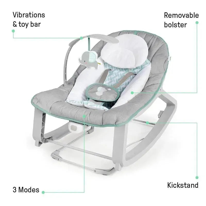3-in-1 vibrating baby bouncer with removable bolster, toy bar, and kickstand features; designed for comfort and play.