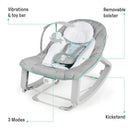 3-in-1 vibrating baby bouncer with removable bolster, toy bar, and kickstand features; designed for comfort and play.