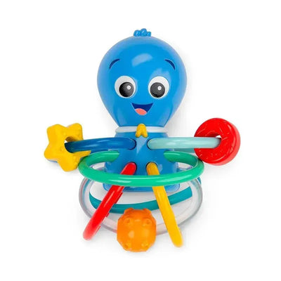 Blue octopus-shaped teether toy with colorful rings and a smiling face, designed for infants as a rattle and teether.