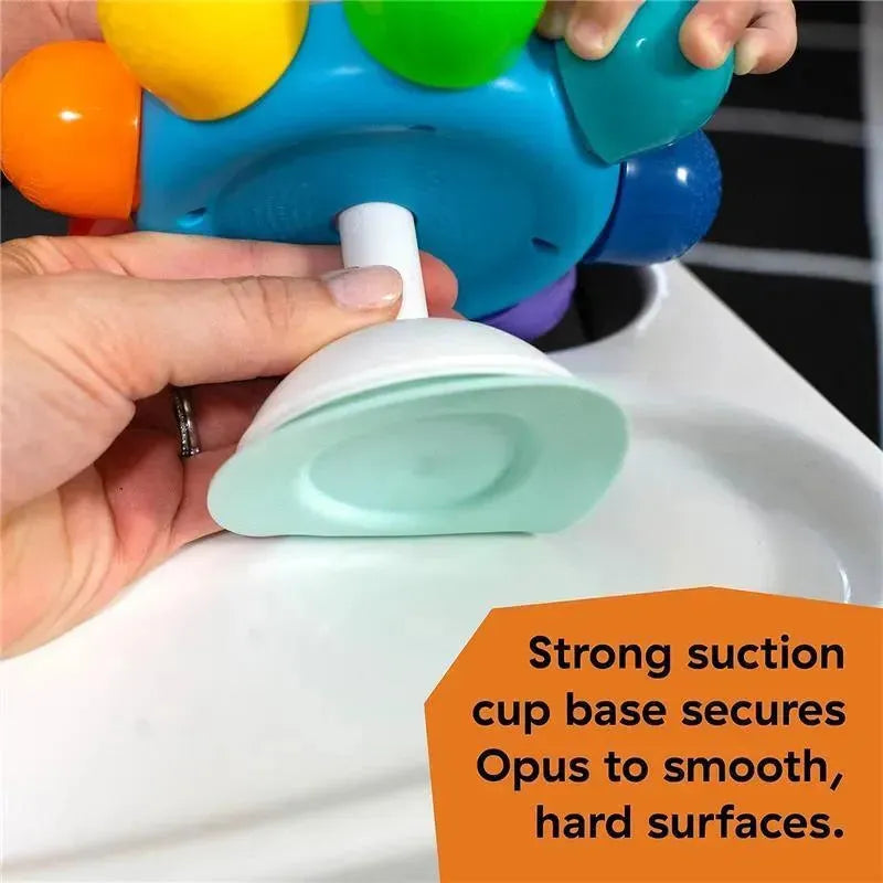 Colorful suction toy base demonstrating strong suction capabilities, with text highlighting secure placement on smooth surfaces.