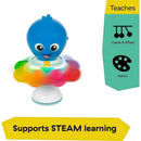 Bright blue octopus activity toy with colorful spinning base, teaching cause and effect and colors, supports STEAM learning.