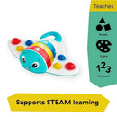 Colorful popper toy with a smiling face, featuring buttons for shapes and colors, and promoting STEAM learning.