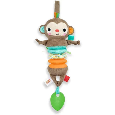 Kids II Pull, Play ’N Boogie Monkey Musical Activity Toy featuring a plush monkey design with colorful, textured elements and a green leaf teether.