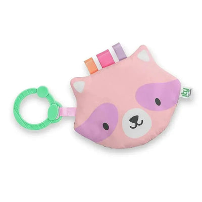Raccoon-shaped crinkle toy for newborns, featuring a green attachment ring and colorful fabric ribbons.