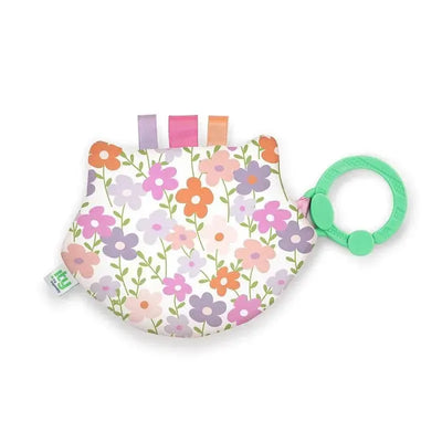Raccoon-shaped crinkle toy for newborns, featuring colorful floral patterns and a green ring for attachment.