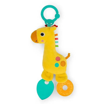 Yellow plush giraffe rattle and teether toy with colorful spots and teethers, attached by a sturdy ring.