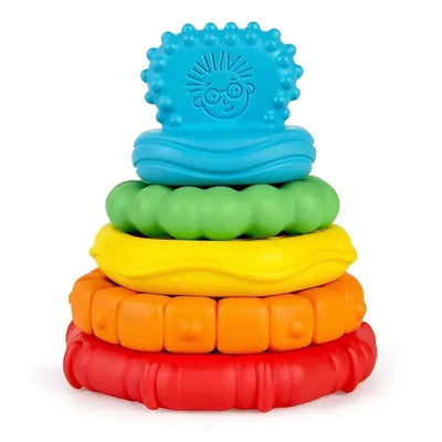 Multi-textured teether toy featuring colorful stacking rings in blue, green, yellow, orange, and red, designed for infants.