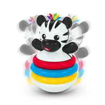 Colorful zebra-shaped stacking toy with rings in red, blue, yellow, and green, designed for teething infants.