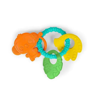 Colorful Kids II Tropical Chews Teething Ring featuring an orange monkey figure and various textured rings.