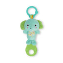Soft turquoise elephant toy with green ears and a colorful patch, featuring a clip for easy attachment.