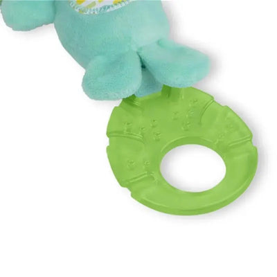 Tug Tunes Take-Along Toy featuring a light blue elephant with a textured green ring for infants.
