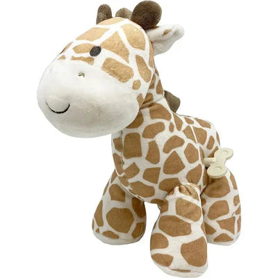 Soft plush giraffe toy with a tan and white spotted pattern and a wind-up music mechanism on its side.