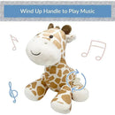 Giraffe-shaped plush toy with a wind-up music handle; features a smiling face and a soft, spotted body.