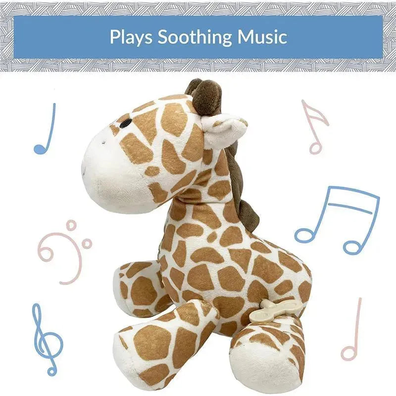 Soft giraffe plush toy with a musical feature, designed to play soothing music, featuring brown spots and a smiling face.