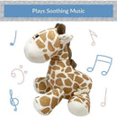 Soft giraffe plush toy with a musical feature, designed to play soothing music, featuring brown spots and a smiling face.