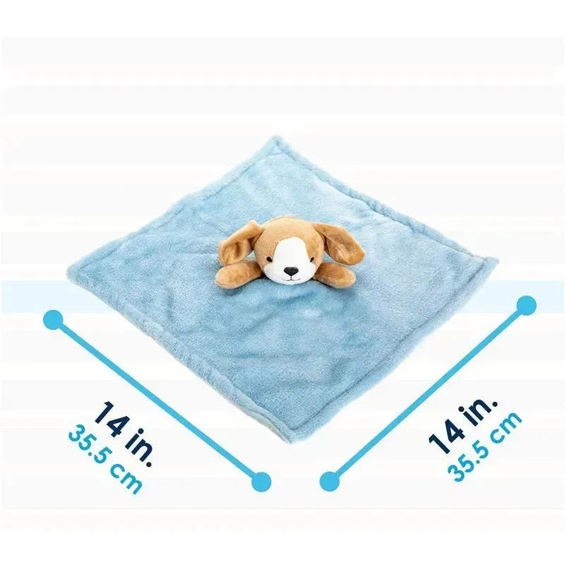 Soft blue plush blanket featuring a brown and white puppy head, measuring 14 inches square.