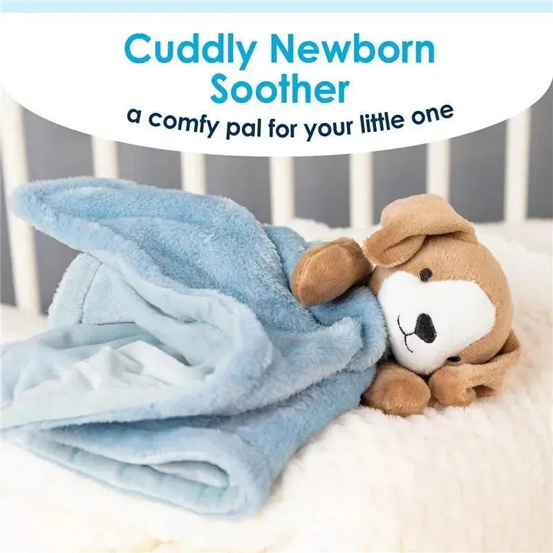 Cuddly newborn soother plush with a brown puppy head nestled in a soft blue blanket, designed for comfort.