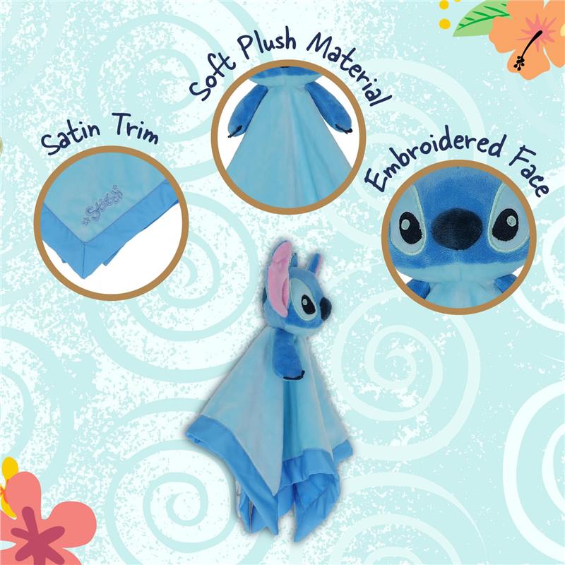12-inch Lilo and Stitch baby lovey security blanket in soft plush material with satin trim and embroidered Stitch face.