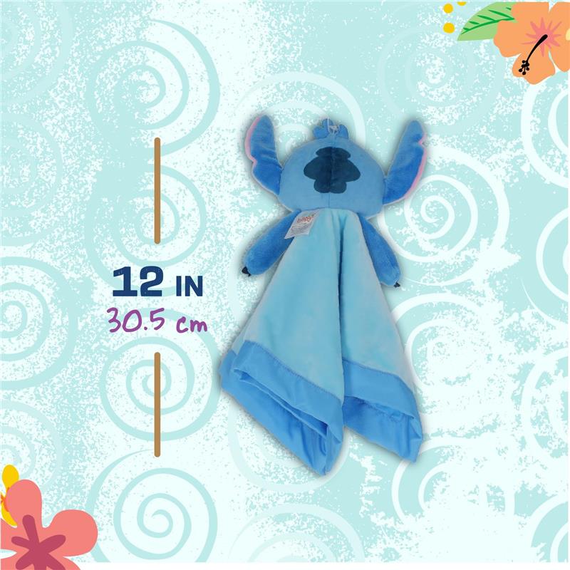 12-inch blue Stitch baby lovey security blanket featuring a plush head and soft fabric. Perfect comfort item for kids.