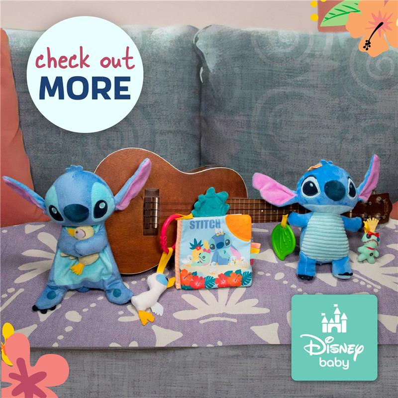 Stitch baby lovey and plush toys displayed with a wooden ukulele on a couch, promoting Disney Baby products.