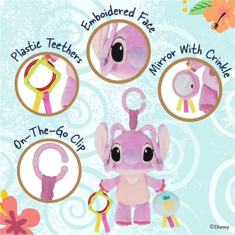 Disney Baby Lilo and Stitch Angel On The Go Activity Toy features a plush purple character with teether rings, a crinkle mirror, and an on-the-go clip.