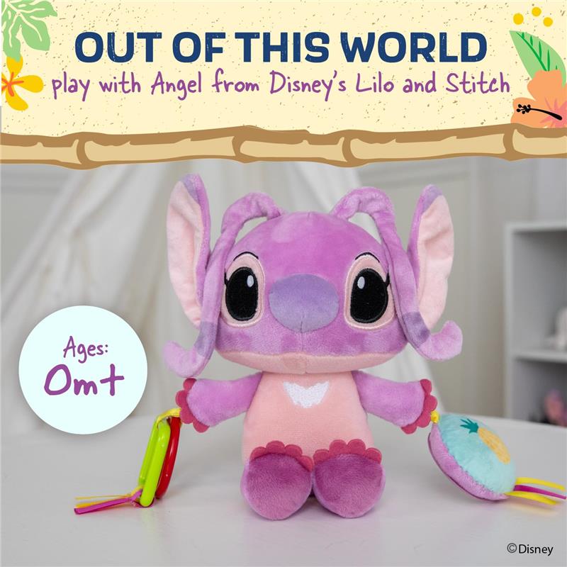 Disney Baby Lilo and Stitch Angel plush toy with teether rings, age 0+, featuring a pink/purple character design.