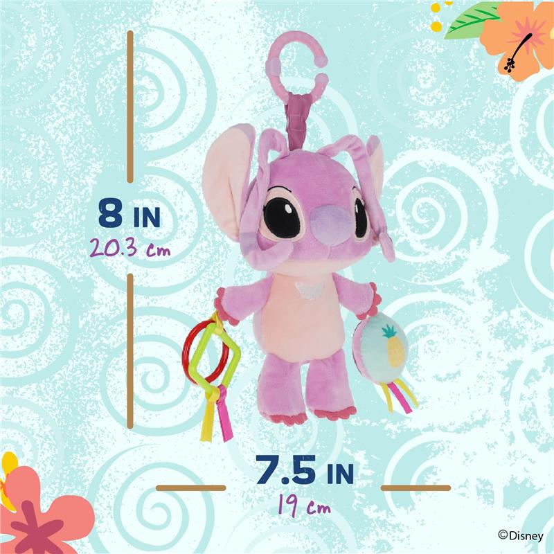 Disney Baby Lilo and Stitch Angel On The Go Activity Toy, featuring colorful teether rings and a plush design, measures 8 inches.