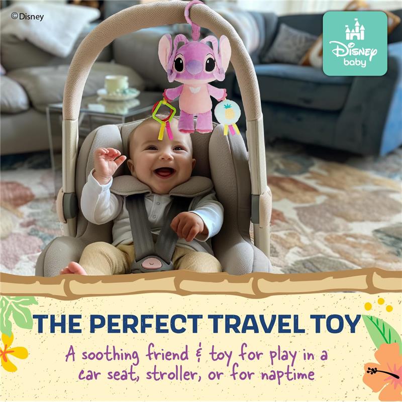 Activity toy featuring Lilo and Stitch’s Angel, hanging above a smiling baby in a car seat, with teether rings attached.