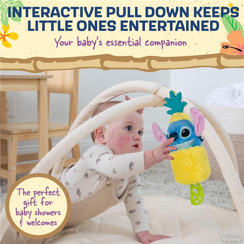 Interactive sensory toy featuring Stitch from Lilo & Stitch, engages baby with pull-down pineapple design.