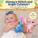 Baby smiling while holding two plush toys: a blue Stitch and a pink Angel, with text indicating age suitability.