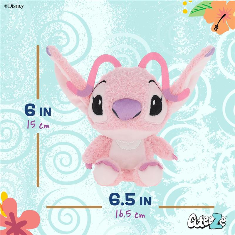 Plush stuffed animal set featuring Angel and Stitch from Disney, measuring 6 and 6.5 inches, displayed on a decorative background.