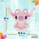 Plush stuffed animal set featuring Angel and Stitch from Disney, measuring 6 and 6.5 inches, displayed on a decorative background.