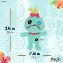 Lilo & Stitch Scrump plush toy, 15 inches tall, with blue fabric, button eyes, red stitched mouth, and a yellow crown.