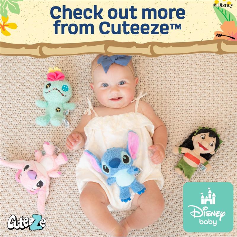 Baby in a white outfit smiling on a blanket, surrounded by Lilo & Stitch plush toys: Stitch, Scrump, and Lilo.