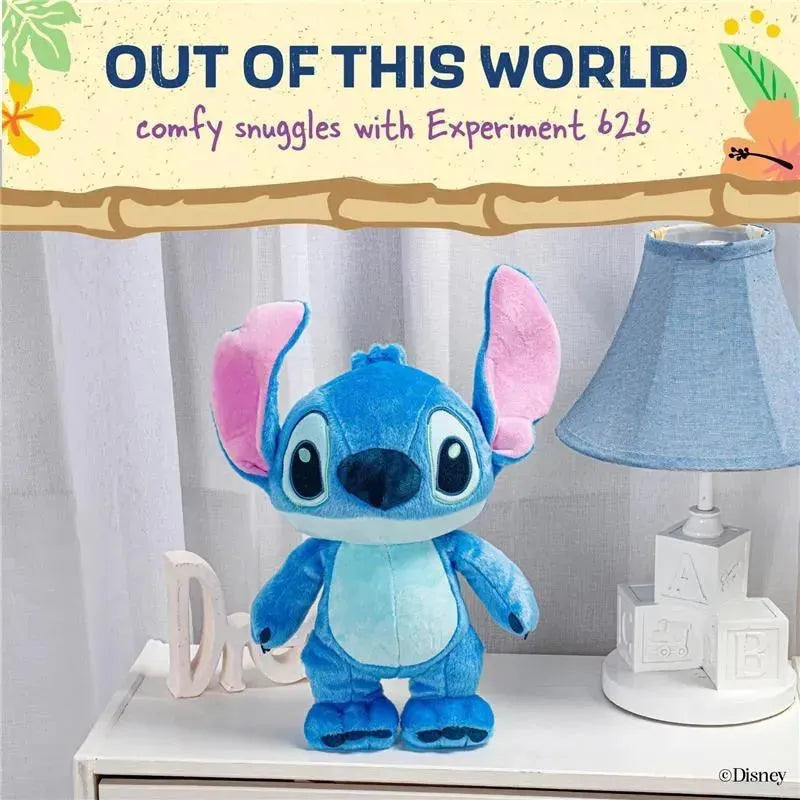 Disney Baby Lilo & Stitch plush toy, featuring Stitch with blue fur and large ears, next to a decorative lamp and blocks.