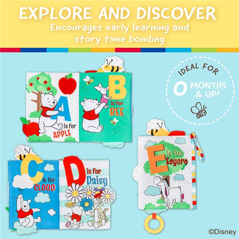 Deluxe soft book featuring Winnie the Pooh; includes letters A-E with colorful illustrations for early learning.