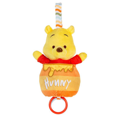 Disney Baby Winnie The Pooh plush toy in a honeypot, featuring bright colors, a charm ring, and multi-sensory activities.