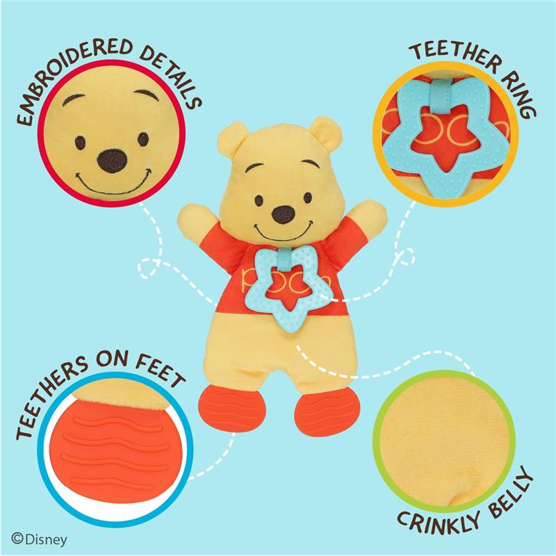 Disney Baby Winnie The Pooh Sensory Blanky featuring a plush Pooh with embroidered details, teether ring, and crinkly belly.