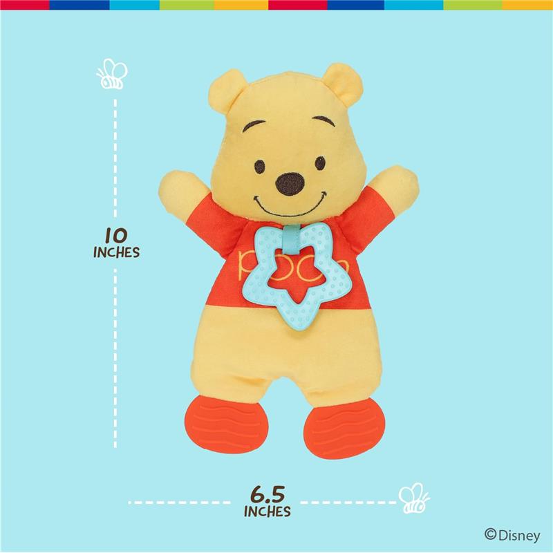 Disney Baby Winnie the Pooh sensory blanky measures 10 inches tall, features crinkle material, and includes a teether.