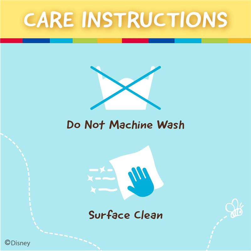 Care instructions graphic for Disney Baby Winnie The Pooh Sensory Blanky, advising to surface clean and not machine wash.
