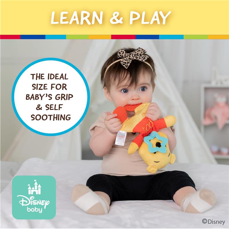 Disney Baby Winnie The Pooh sensory blanky featuring crinkle and teether, held by a baby engaging in play.