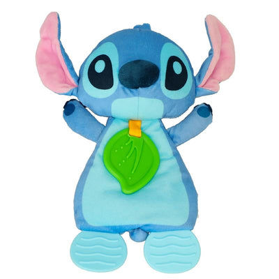 Plush blue Stitch toy with large ears, featuring a green sensory crinkle teether attached to its body.