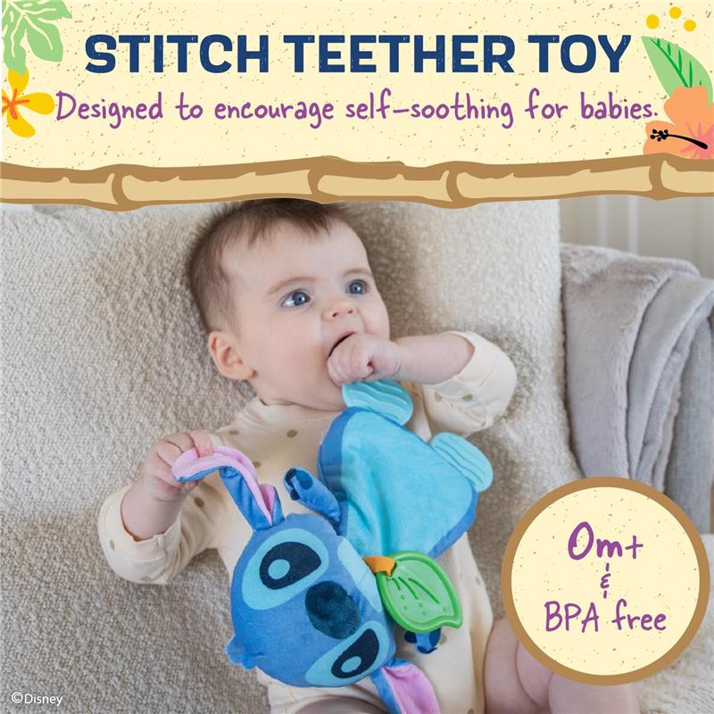 Baby enjoying the Disney Baby’s Stitch Plush and Sensory Crinkle Teether Toy, designed for self-soothing.