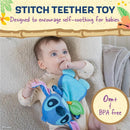 Baby enjoying the Disney Baby’s Stitch Plush and Sensory Crinkle Teether Toy, designed for self-soothing.